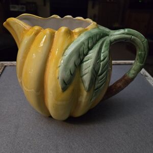 Banana Yellow and Green Ceramic Pitcher. 7 Inches Tall.